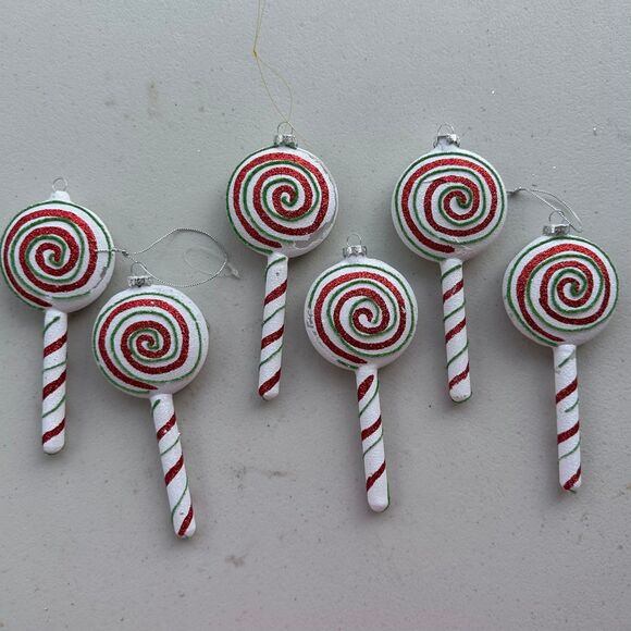 Frosted Glitter Glass Candy Cane Lollipops Christmas Ornaments Set Of 6 - Picture 2 of 2